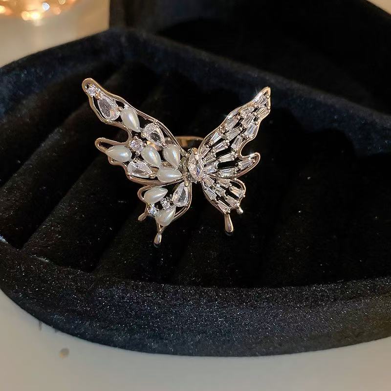 eal gold electroplated zircon pearl butterfly opening ring