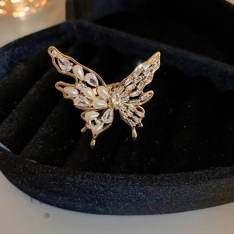 eal gold electroplated zircon pearl butterfly opening ring