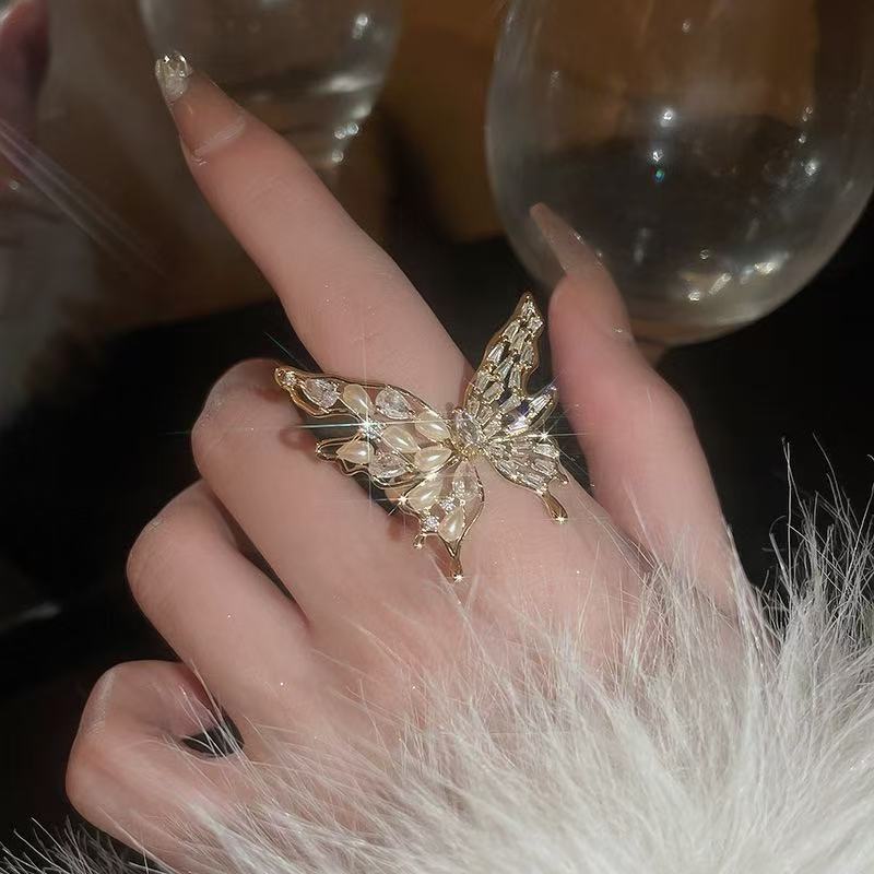 eal gold electroplated zircon pearl butterfly opening ring