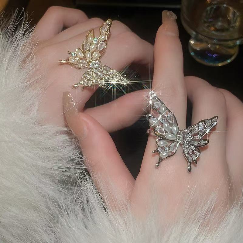 eal gold electroplated zircon pearl butterfly opening ring