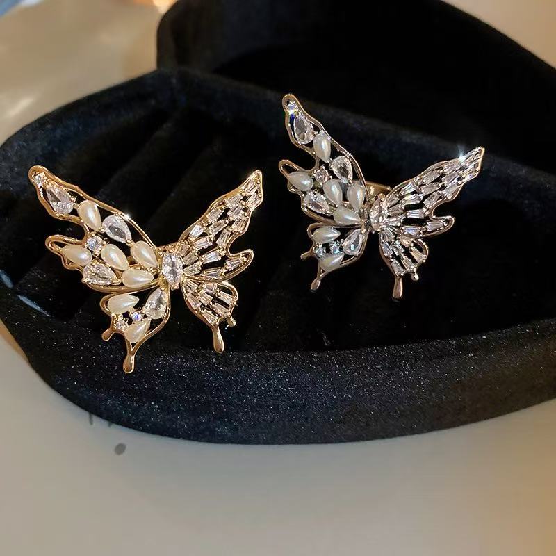 eal gold electroplated zircon pearl butterfly opening ring