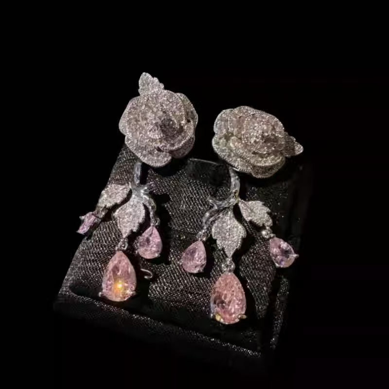 Silver needle pink rose asymmetrical earrings