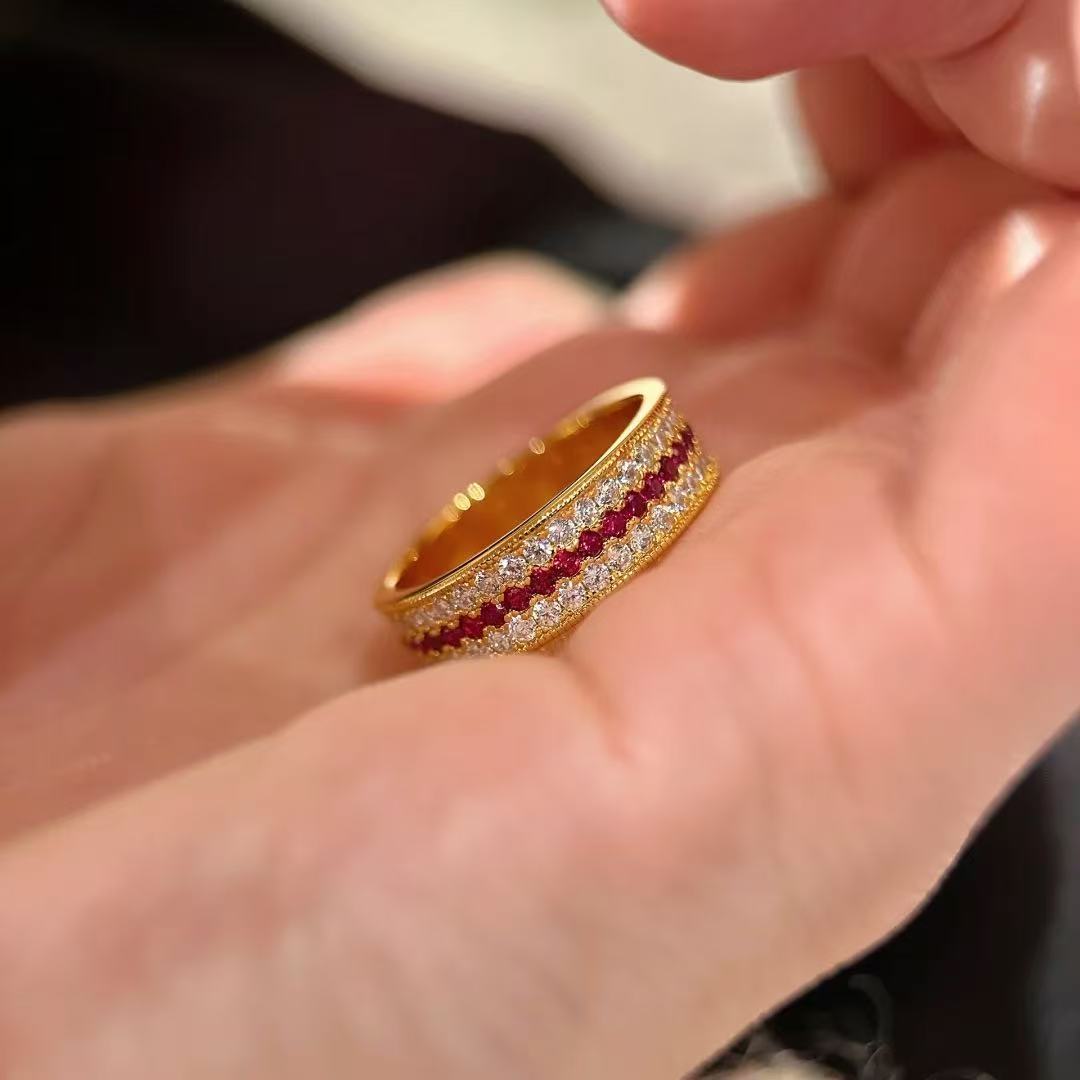 heavy industry diamond inlaid red corundum women's ring
