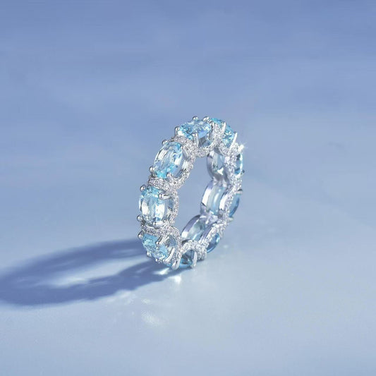 European and American micro inlaid diamond sea blue ring
