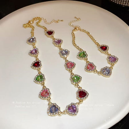 French inlaid diamond colored heart pendant set