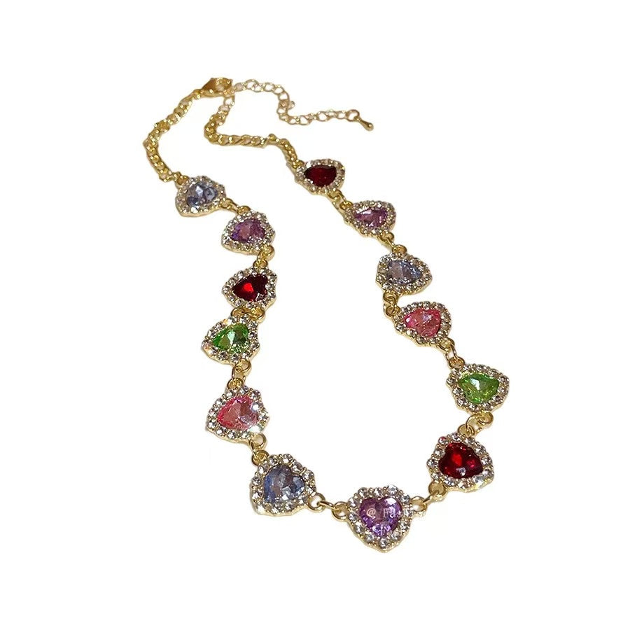 French inlaid diamond colored heart pendant set