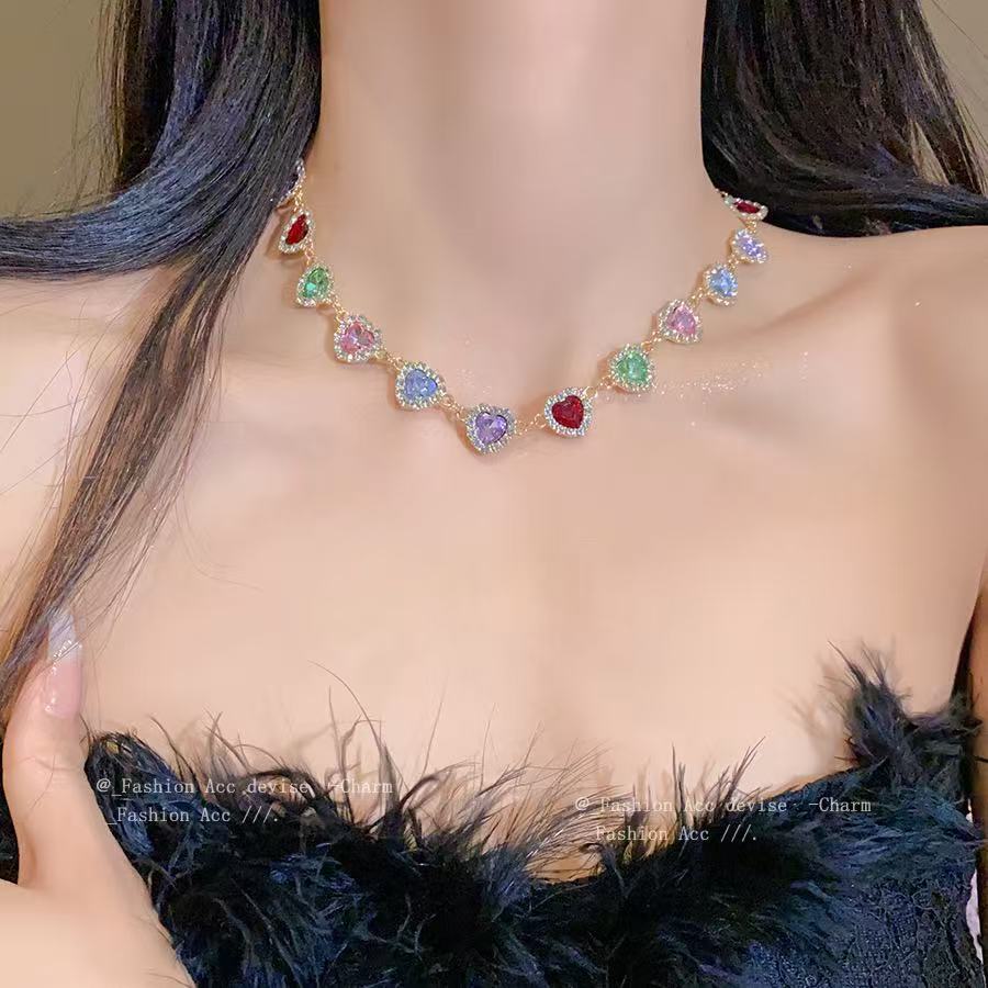 French inlaid diamond colored heart pendant set