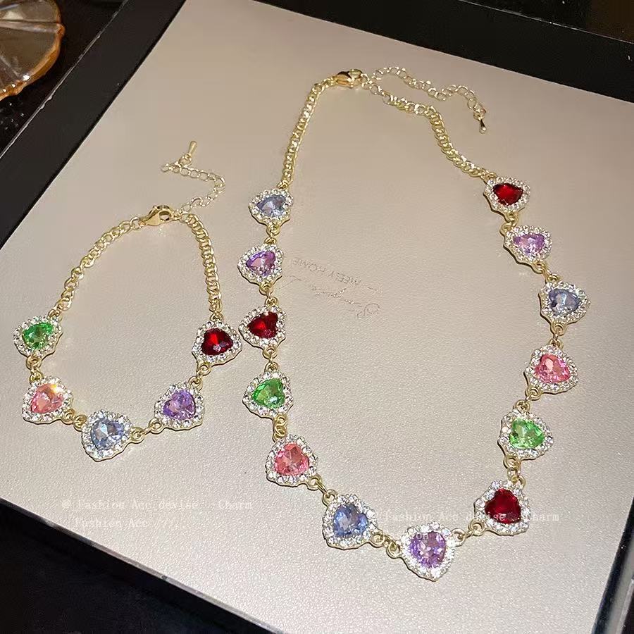 French inlaid diamond colored heart pendant set