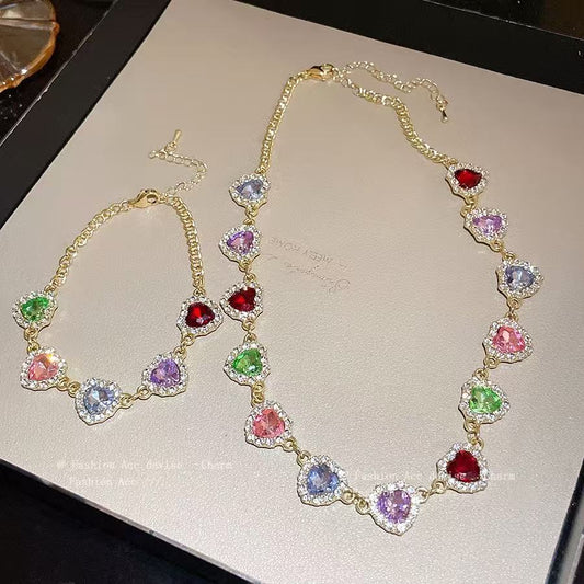 French inlaid diamond colored heart pendant set