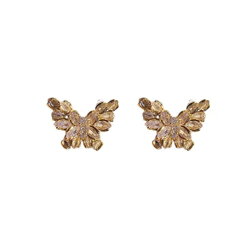 Silver needle zircon butterfly earrings