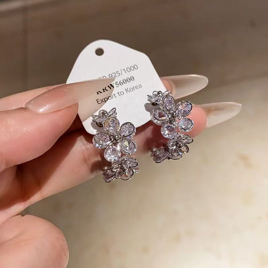 Silver Needle Light Luxury Zircon Flower C-shaped Earrings