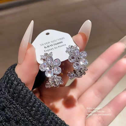 Silver Needle Light Luxury Zircon Flower C-shaped Earrings