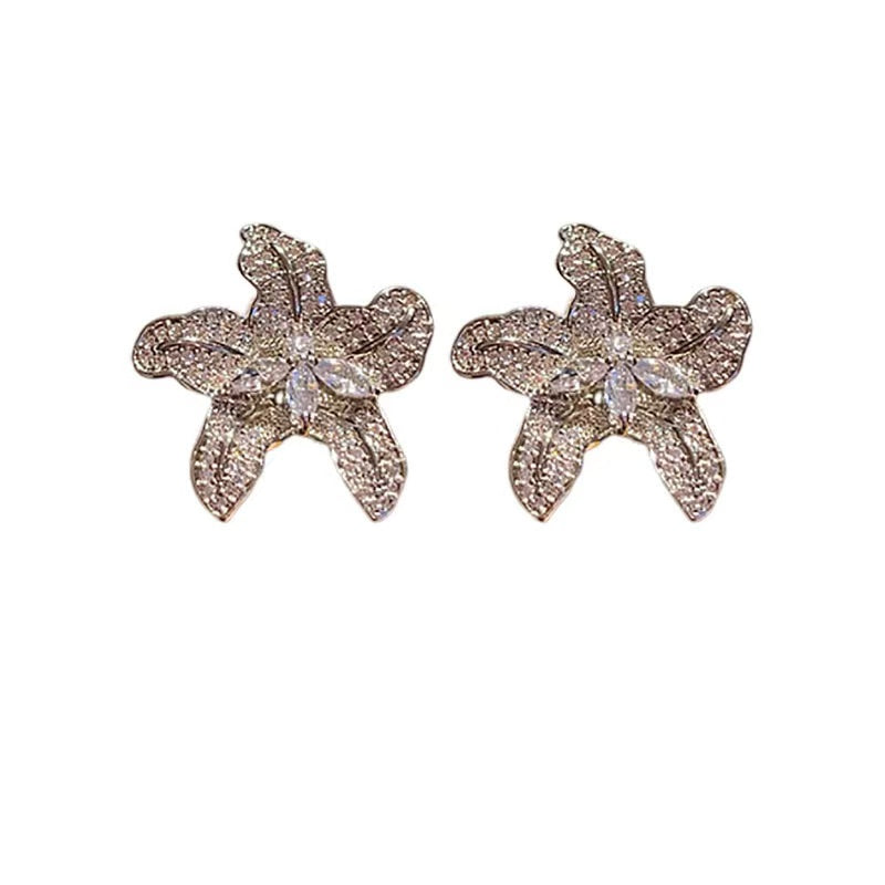 Silver needle zircon flower earrings