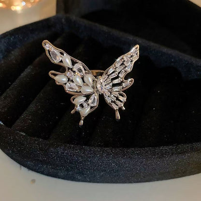 eal gold electroplated zircon pearl butterfly opening ring