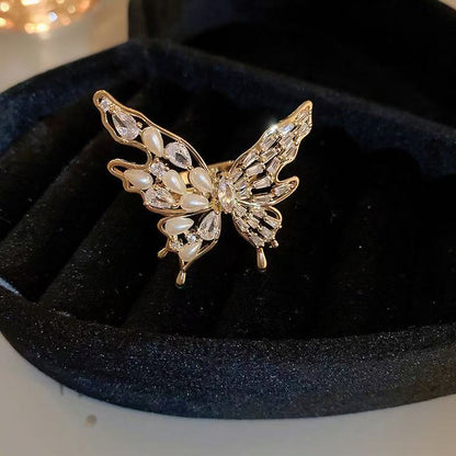 eal gold electroplated zircon pearl butterfly opening ring