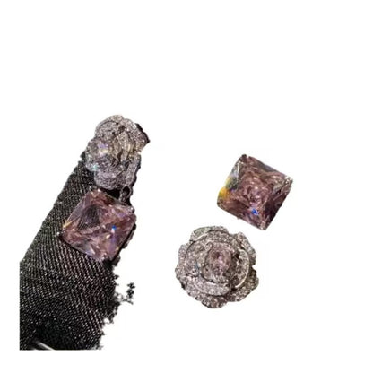 Silver needle pink rose asymmetrical earrings
