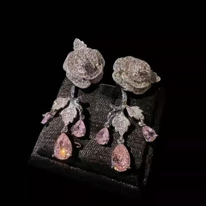 Silver needle pink rose asymmetrical earrings