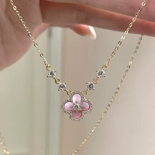 Qimeng Sweet Cherry Powder Fritillaria Four Leaf Grass Necklace for Women