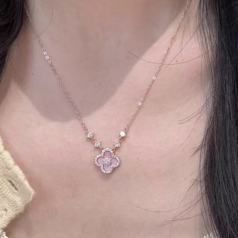 Qimeng Sweet Cherry Powder Fritillaria Four Leaf Grass Necklace for Women
