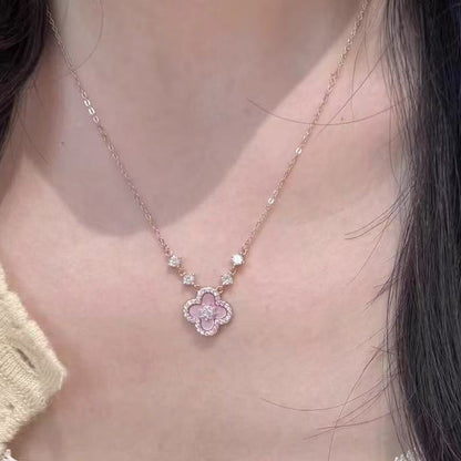 Qimeng Sweet Cherry Powder Fritillaria Four Leaf Grass Necklace for Women