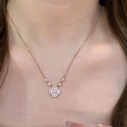 Qimeng Sweet Cherry Powder Fritillaria Four Leaf Grass Necklace for Women